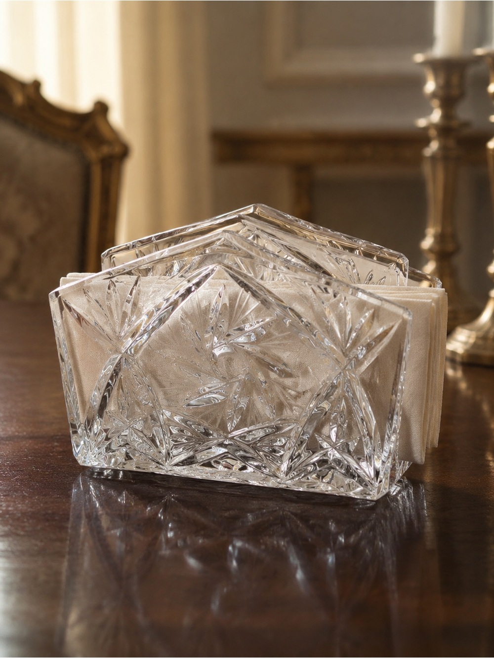 Vintage Cut Crystal Napkin Holder Pinwheel Star Pattern Clear Glass 5 Inch